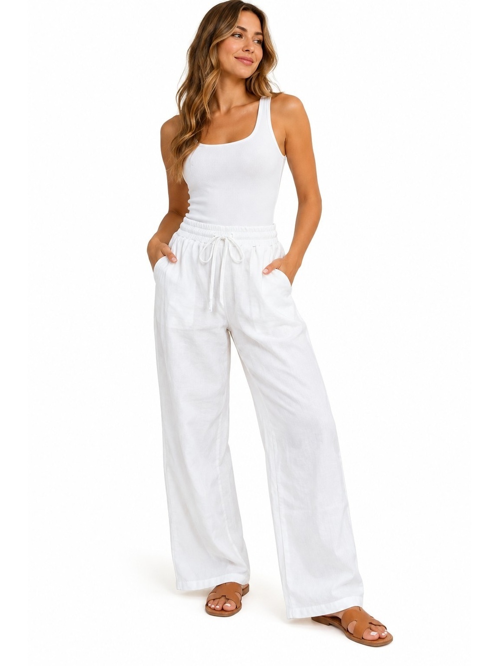 Redlich & Becker White Lightweight Wide Leg Pants Elastic Waist Drawstring Sz M